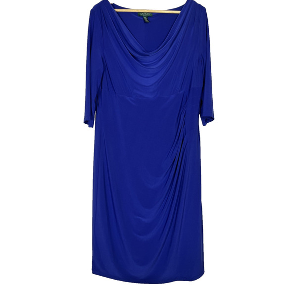 Lauren Ralph Lauren Ruched Sheath Dress 16W Royal Blue Cowl Neck Classic - Picture 1 of 14